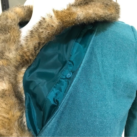 Cabi Tearoom 5 Button Cardigan In Teal Removable Faux Fur Collar #3018 Medium - Picture 6 of 10